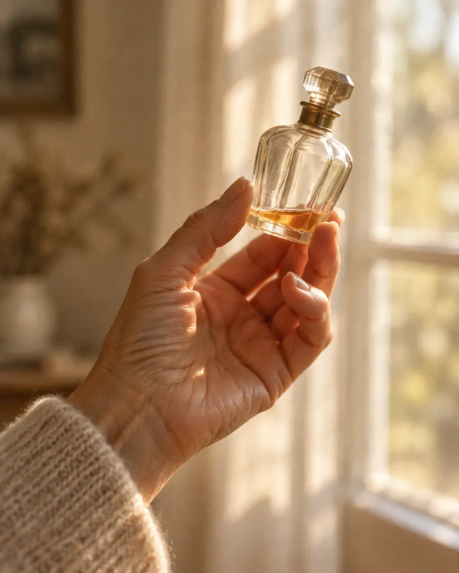A hand holding an almost empty perfume bottle to the light.