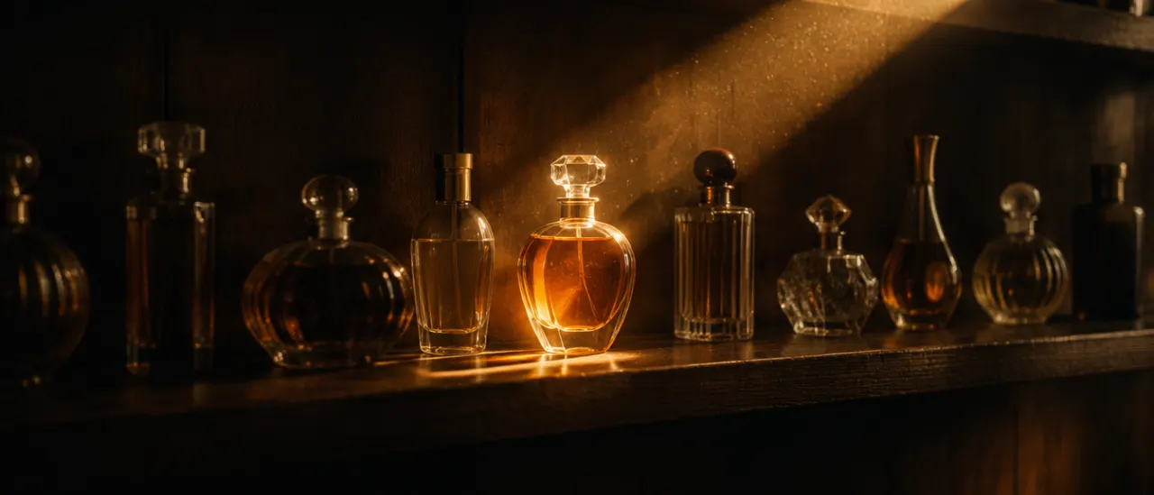 Old perfume bottles on a dark shelf; one catches the sunlight.