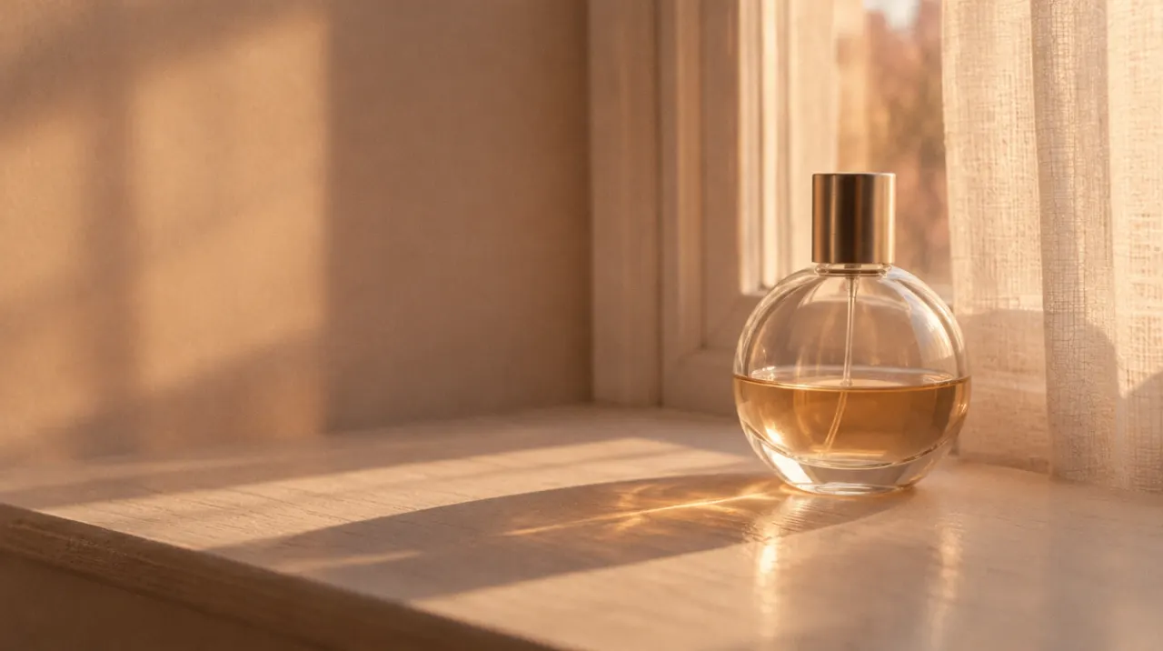 A perfume bottle on a sunlit windowsill.